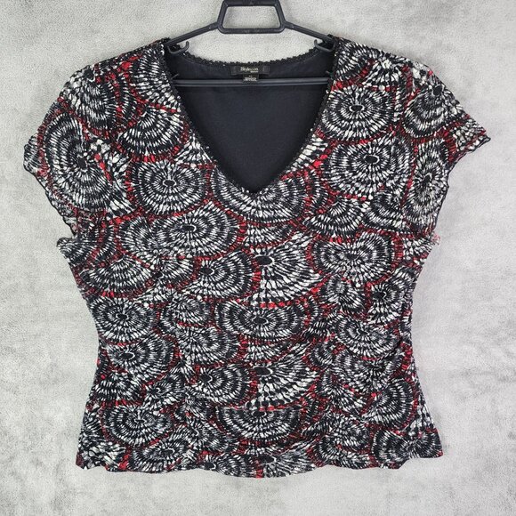 Woman Style & Co Top Shirt V-Neck Short Sleeve Red & Black Abstract Pattern 3X - Picture 2 of 11